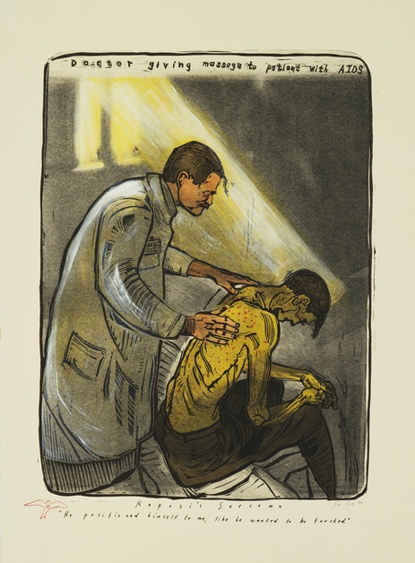 Sue Coe Doctor Giving Massage to Patient with AIDS from The New Provincetown Print Project 1993