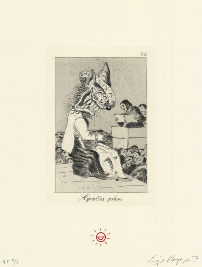 Enrique Chagoya Aquellos polvos/Those specks of dust, 2012 One from a portfolio of fourteen etching and aquatints with letterpress plate: 8 7/16 x 5 7/8" (21.4 x 14.9 cm); sheet: 14 9/16 x 11" (37 x 28 cm)